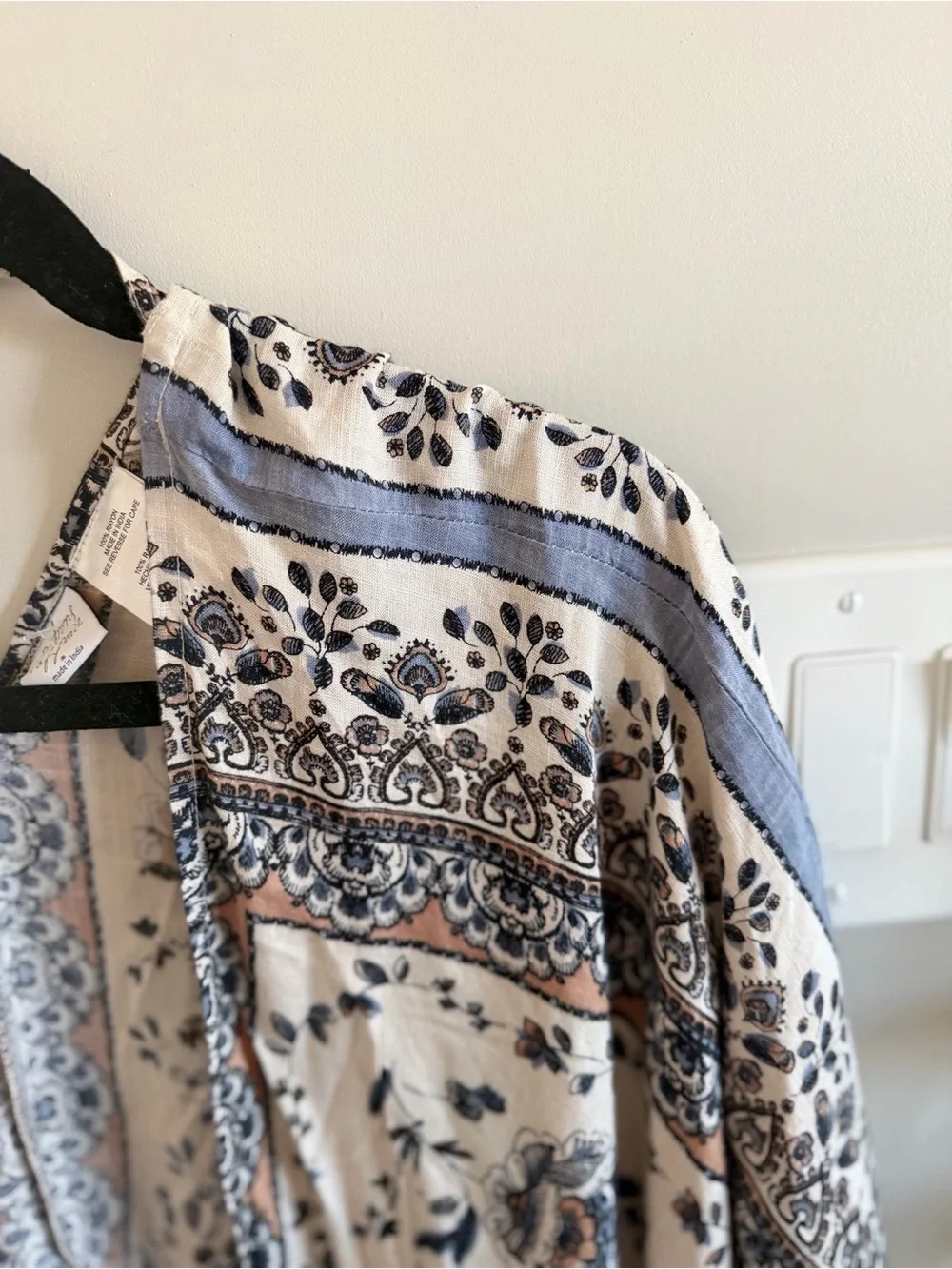 Patrons of Peace Boho Floral Kimono in Cream and Blue, Small